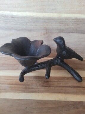 Rustic Black Cast Iron Bird on Branch Flower, Tealight, Trinket Holder